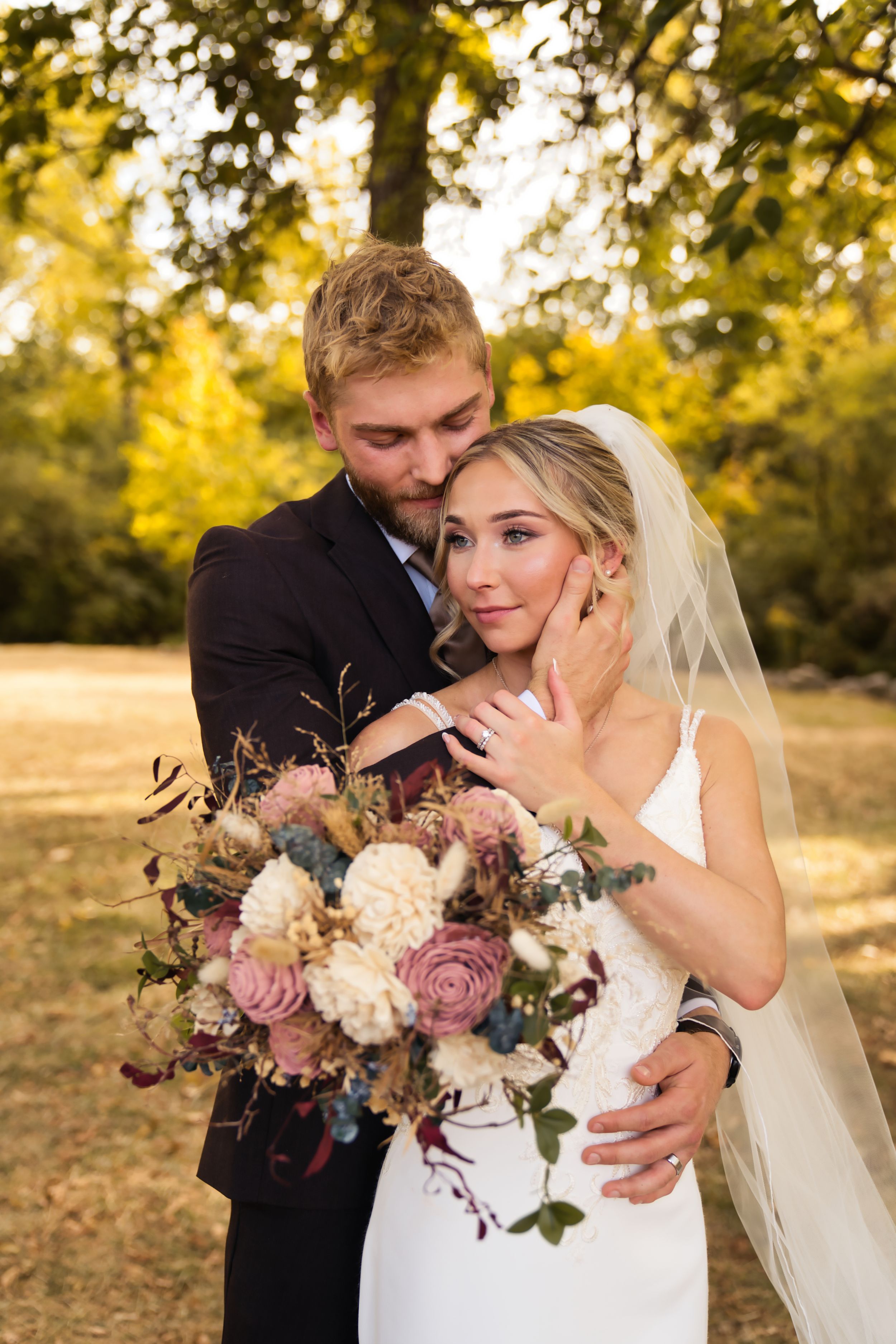 Bride & Groom couple's portraits on the wedding day in Miamisburg Ohio at golden hour sunset in the fall - Cincinnati Wedding Photographer