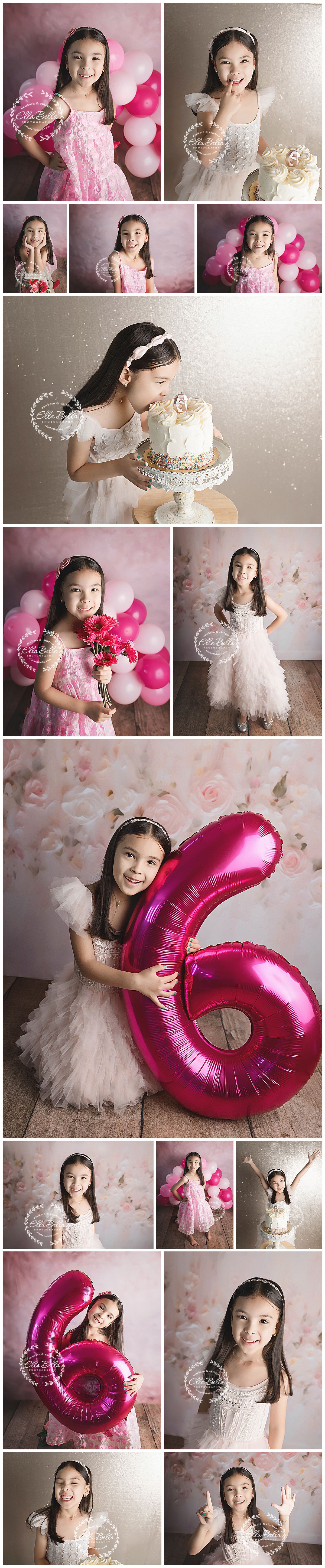 Birthday photoshoot with pink balloons, cake, and sparkly number six balloon.