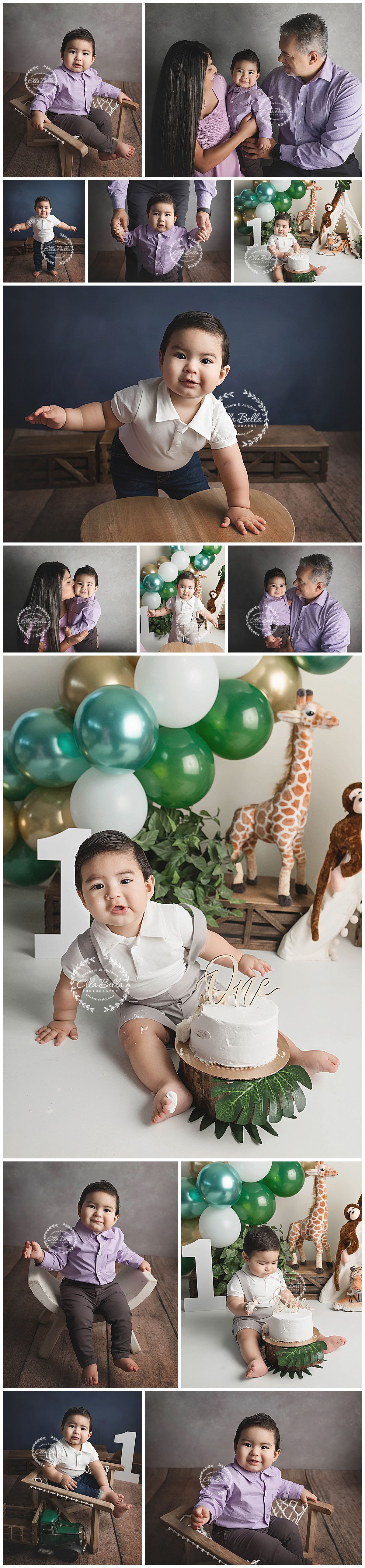 First birthday photo collection with safari theme decorations and family moments.