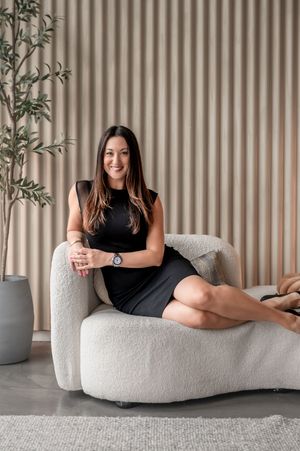 A series of lifestyle photos showing someone lounging on a modern white curved chaise sofa with decorative plants.