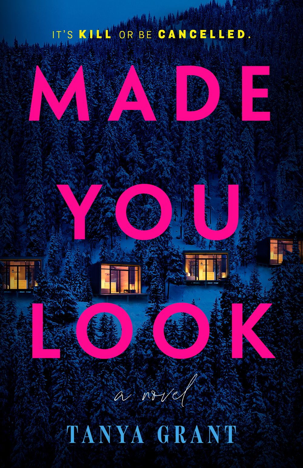 Book cover of thriller Made You Look by Tanya Grant. The title is in bright pink in front of a snowy nighttime scene with cabins in a forest