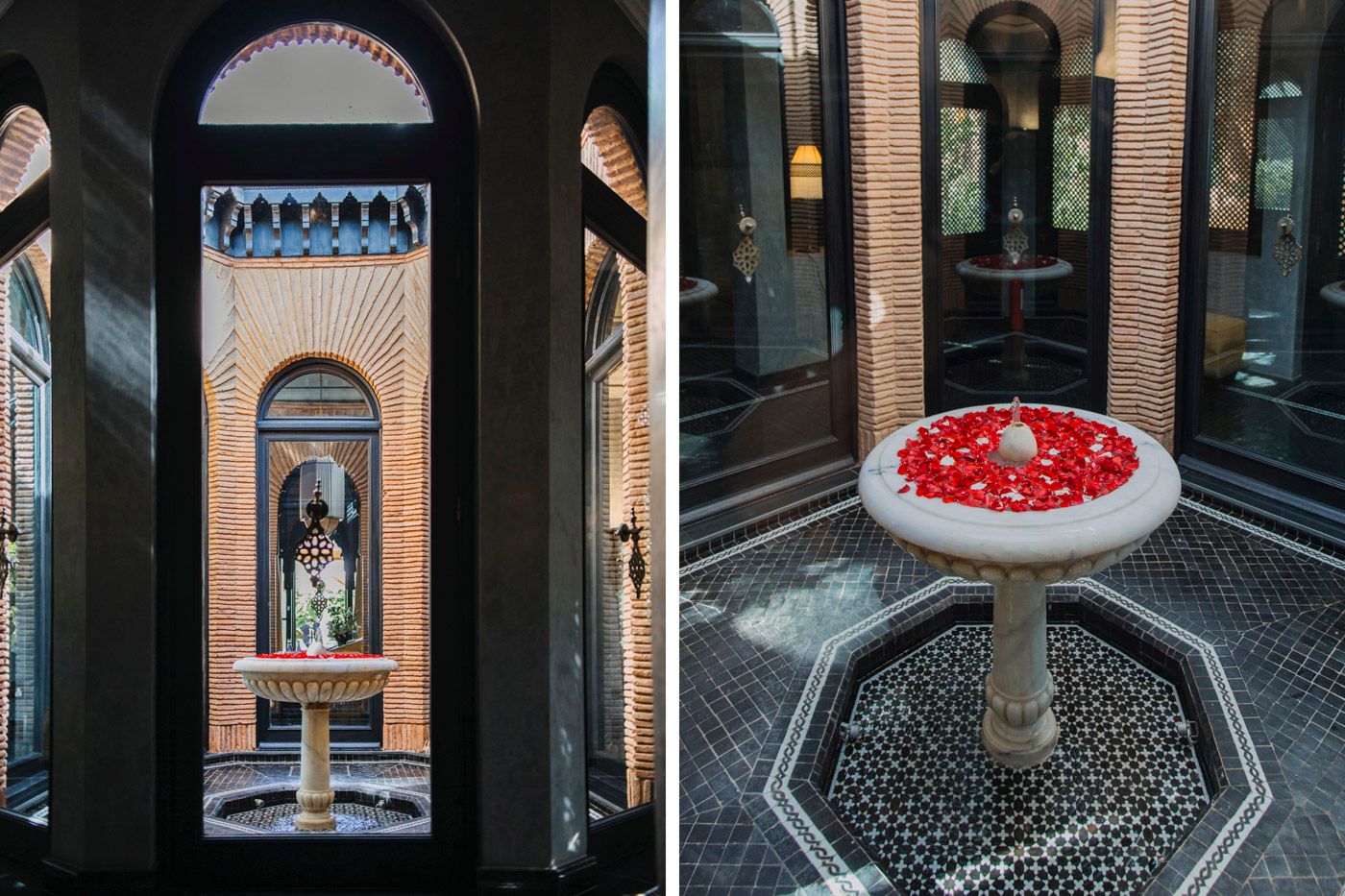 Two architectural interior shots showing an arched alcove with a figure and a stone birdbath filled with red rose petals.