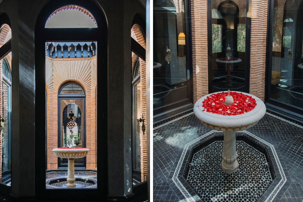 Two architectural interior shots showing an arched alcove with a figure and a stone birdbath filled with red rose petals.