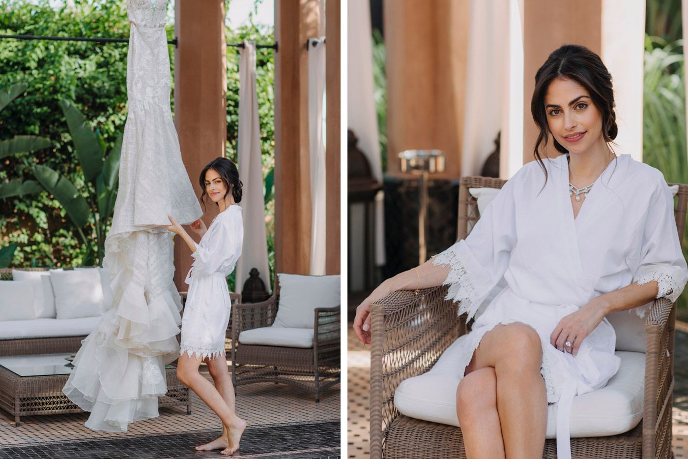 A woman in a white bathrobe poses on a tropical patio with wicker furniture and wedding dress hanging nearby.