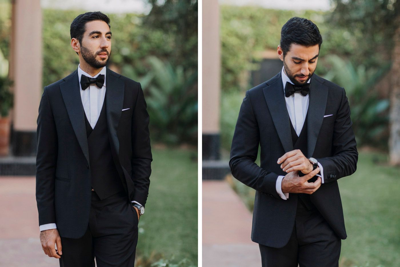 Formal wedding photography of groom in black tuxedo and bowtie against outdoor garden setting during golden hour.