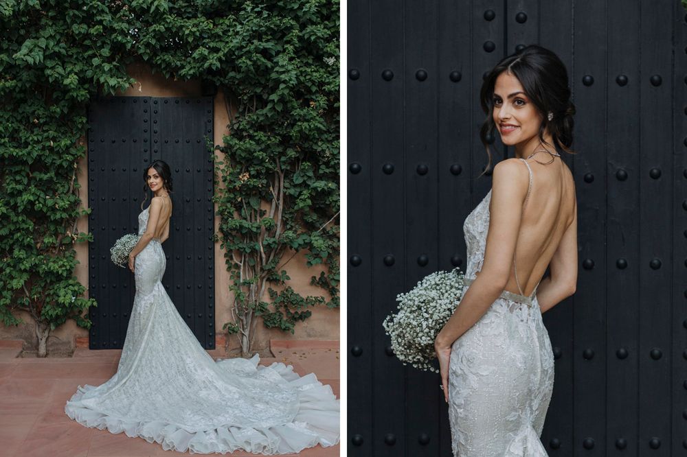 A stunning lace backless wedding gown shown in two views against dark and garden backdrops.