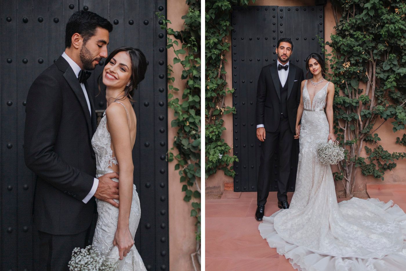 Elegant couple in formal wedding attire poses for romantic photos against a textured wall with greenery.