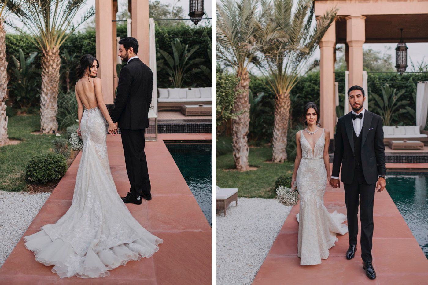 Elegant bride in backless lace gown and groom in tuxedo pose by palm trees and swimming pool.