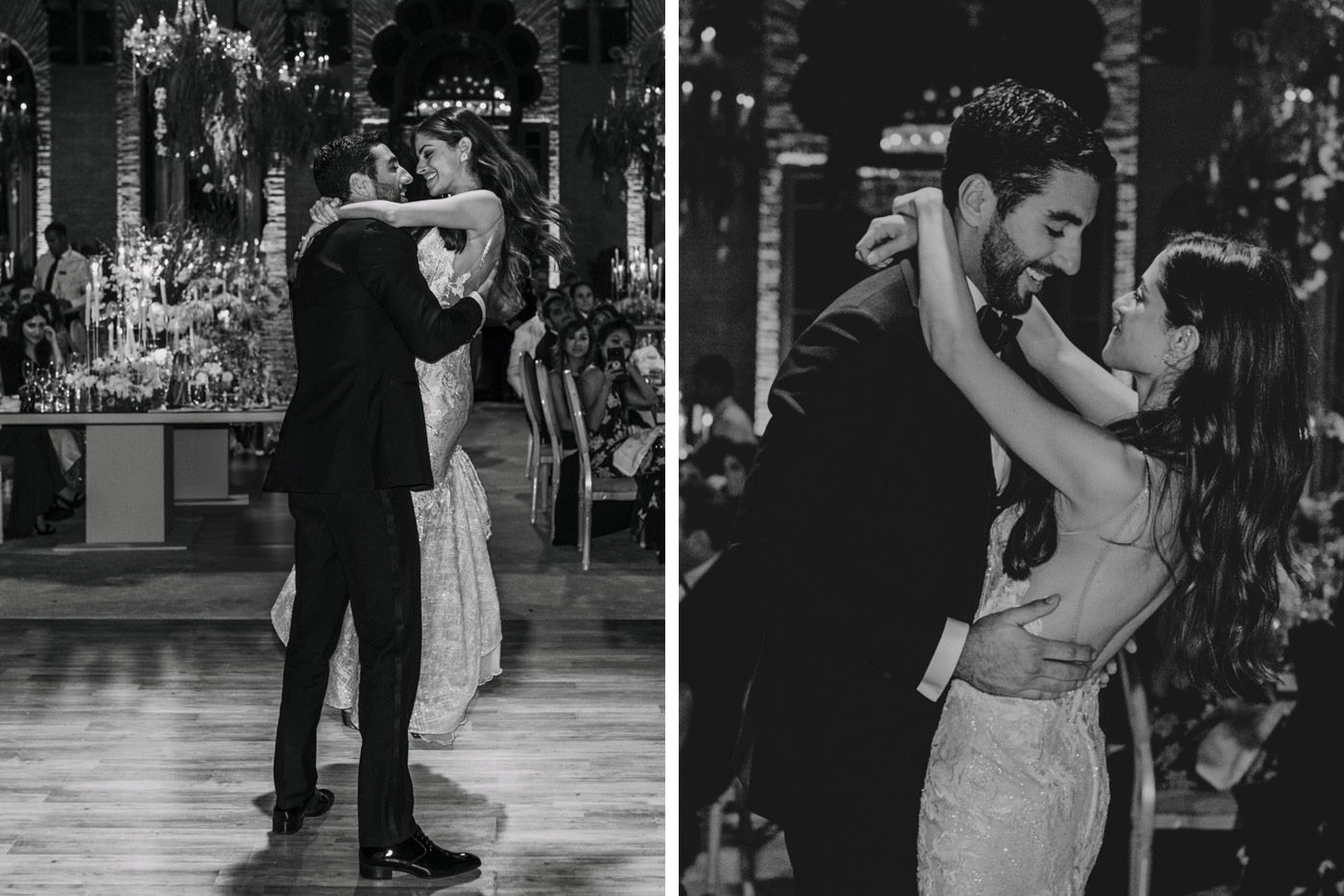 Black and white photos of couple dancing intimately at their wedding reception.