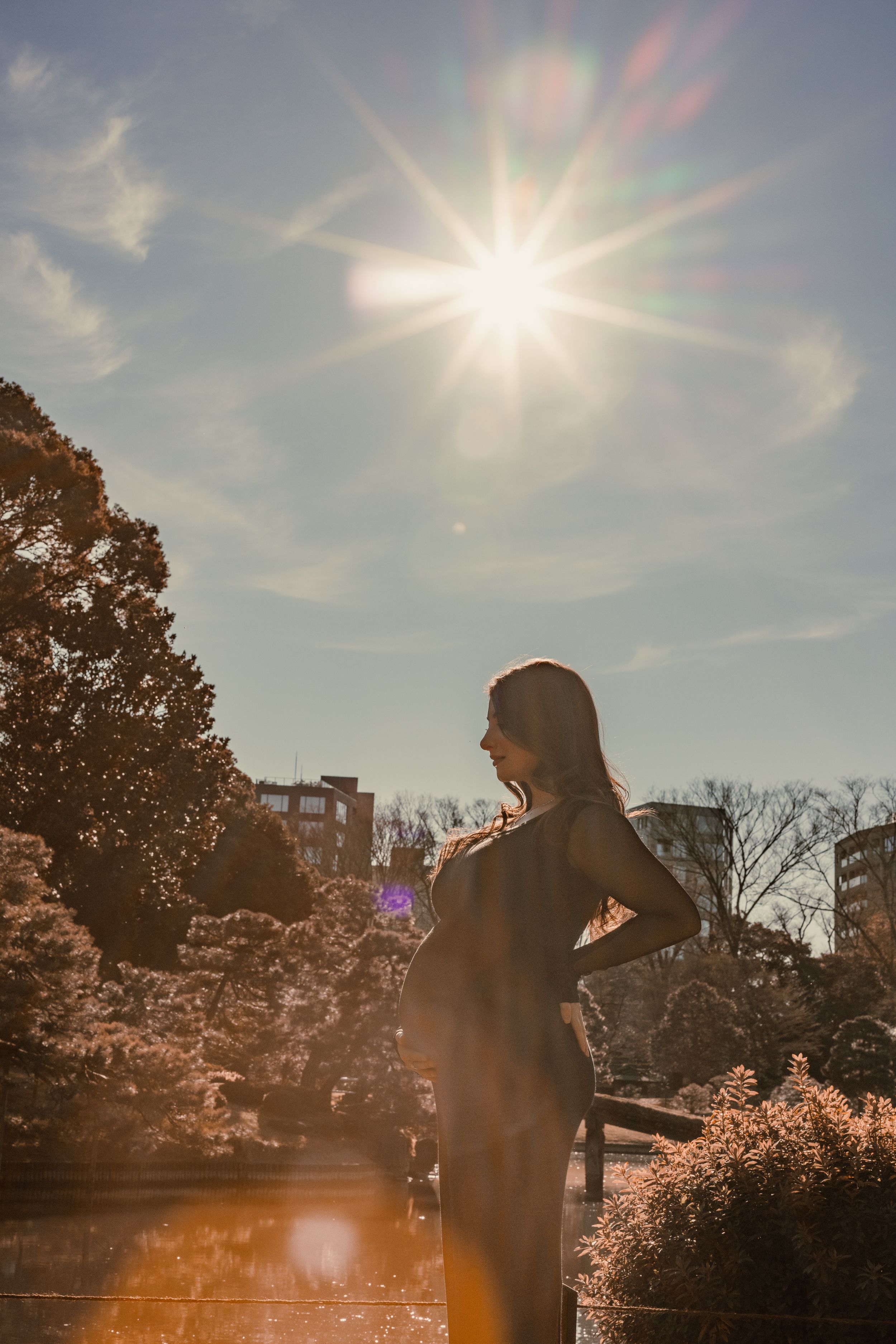 Silhouetted figure stands in a park with sunburst and lens flare while surrounded by autumn foliage and buildings.