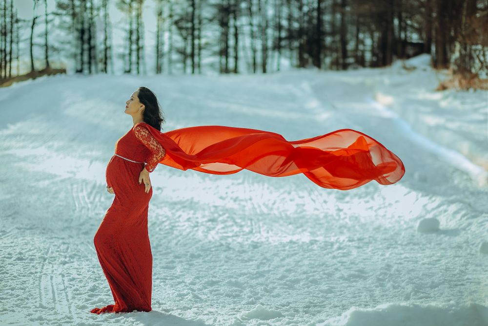 A figure in a red dress stands in snowy winter landscape as flowing fabric billows dramatically in the wind.