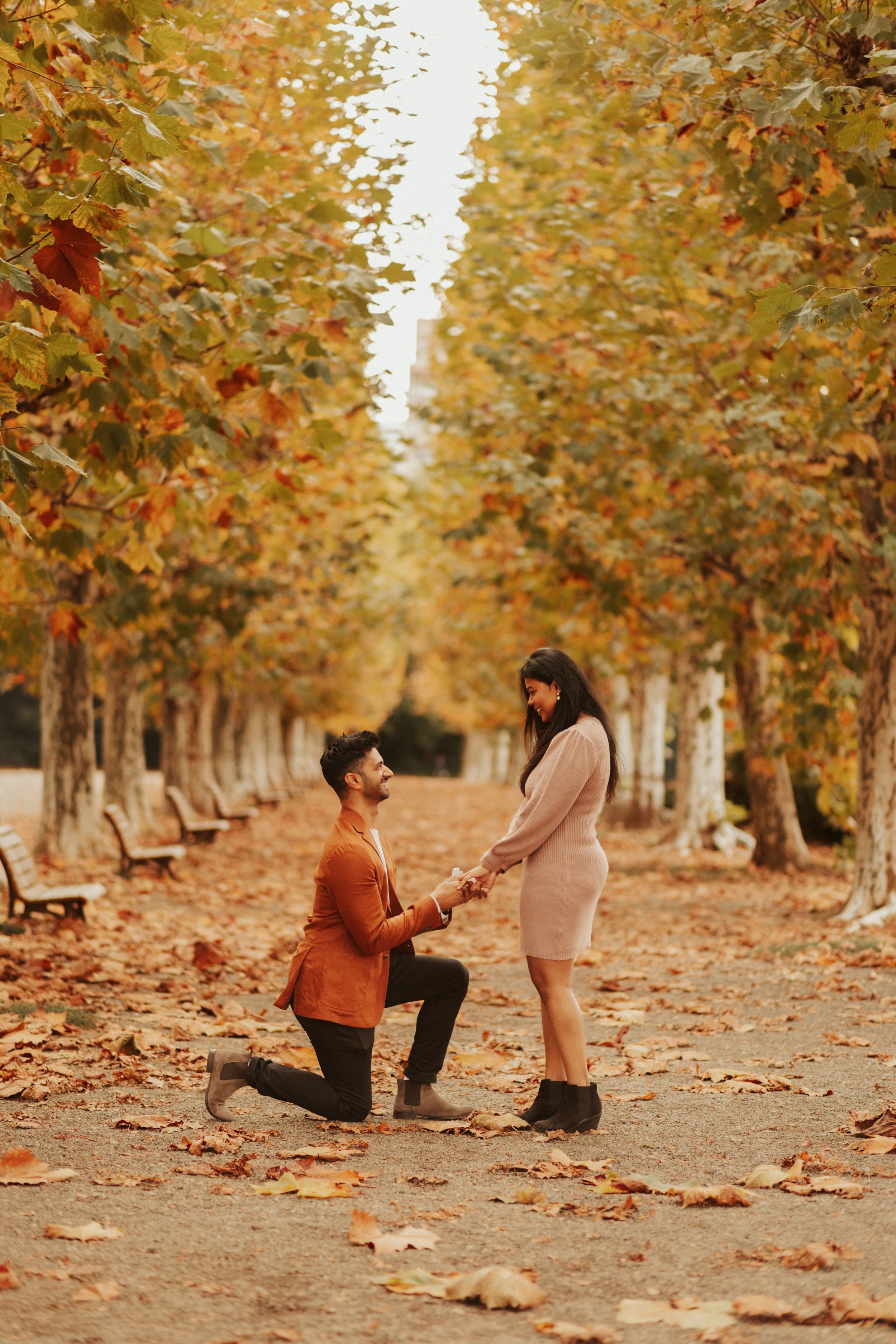 A romantic autumn proposal scene between two people on a tree-lined path covered in fallen leaves.