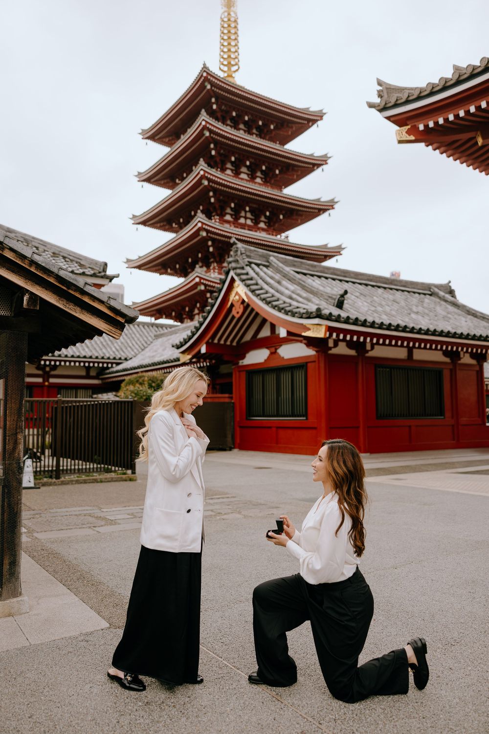A romantic LGBTQ Lesbian couple proposal photography at Sensoji temple Tokyo