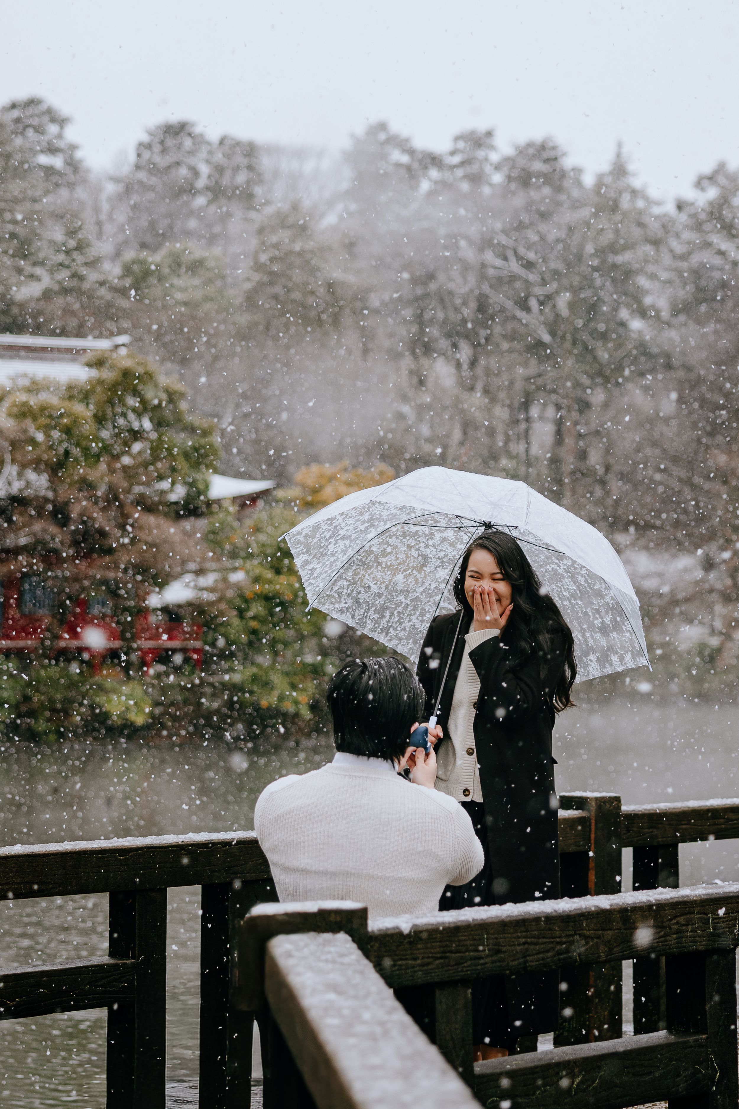 Person holding a clear umbrella in the snow stands on a wooden deck during a winter snowfall.