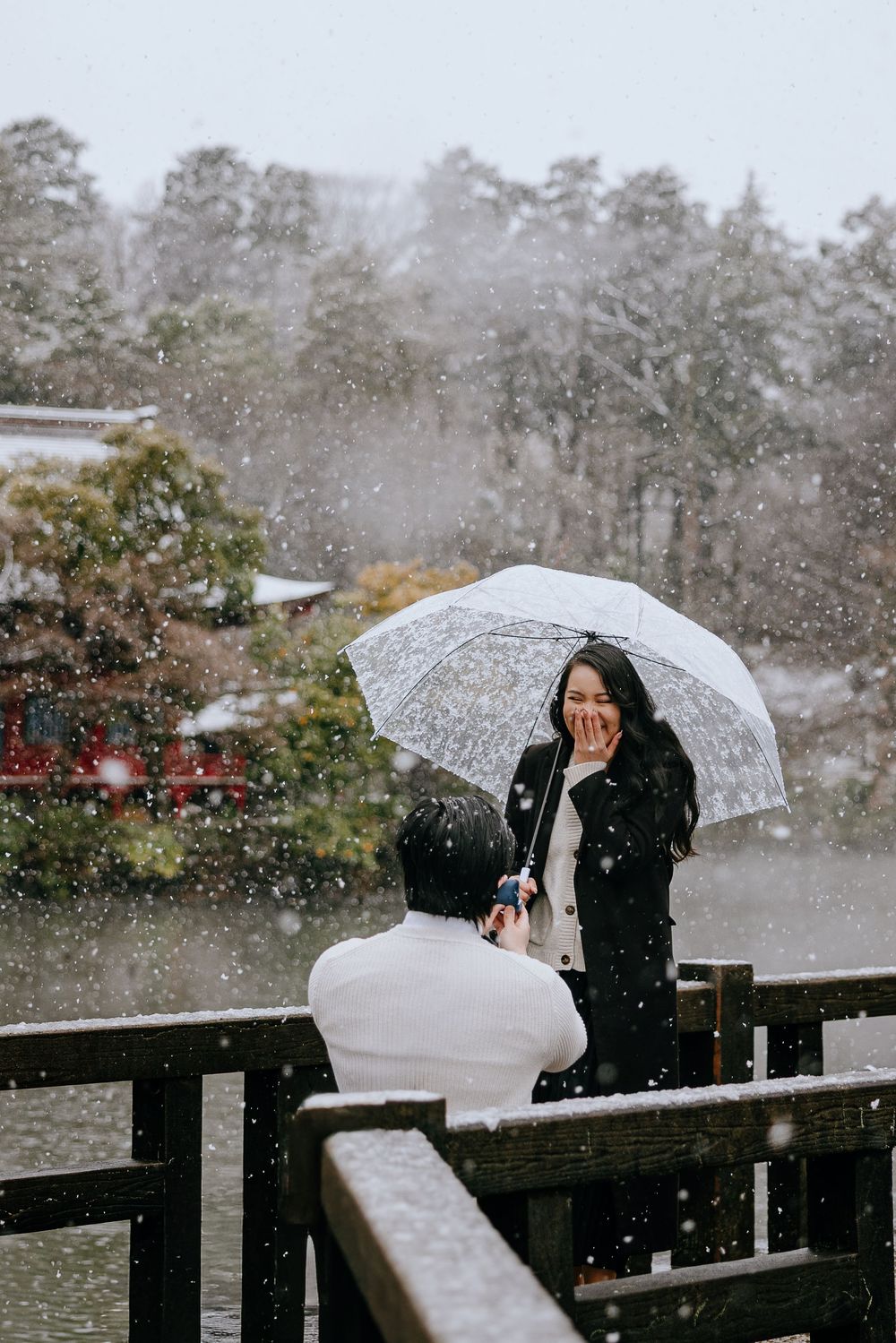 Person holding a clear umbrella in the snow stands on a wooden deck during a winter snowfall.