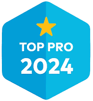 Blue hexagonal badge with gold star showing Top Pro 2022 achievement.