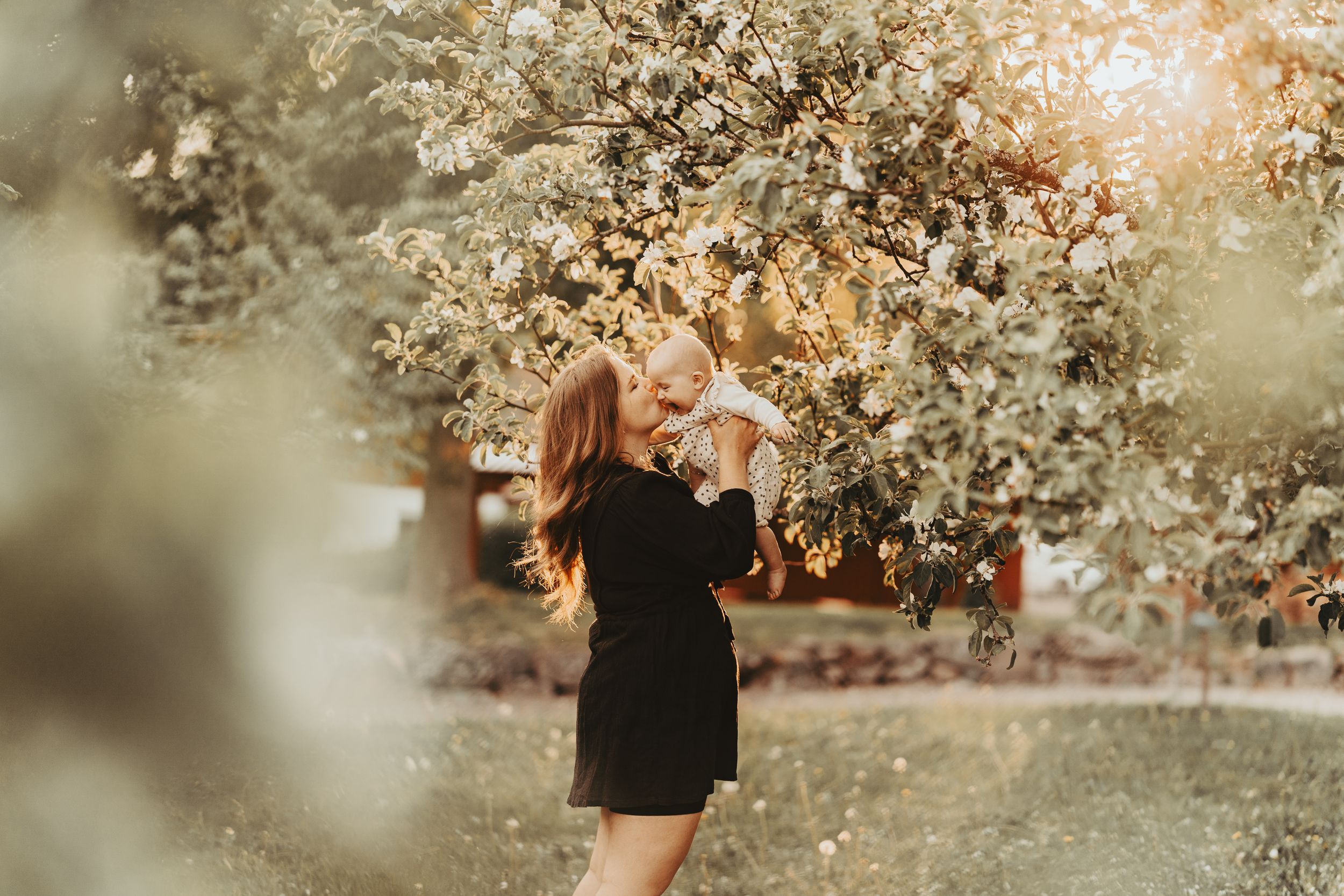 Woman in black dress lifting baby joyfully under blooming spring trees.