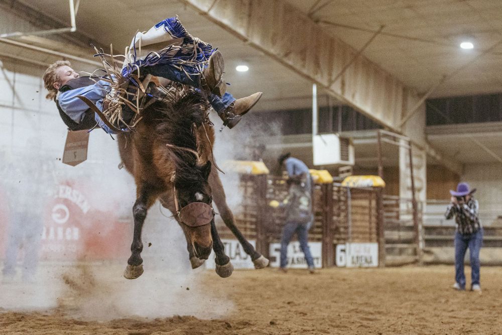 A bronc rider attempts to stay mounted on a bucking horse during an indoor rodeo competition.