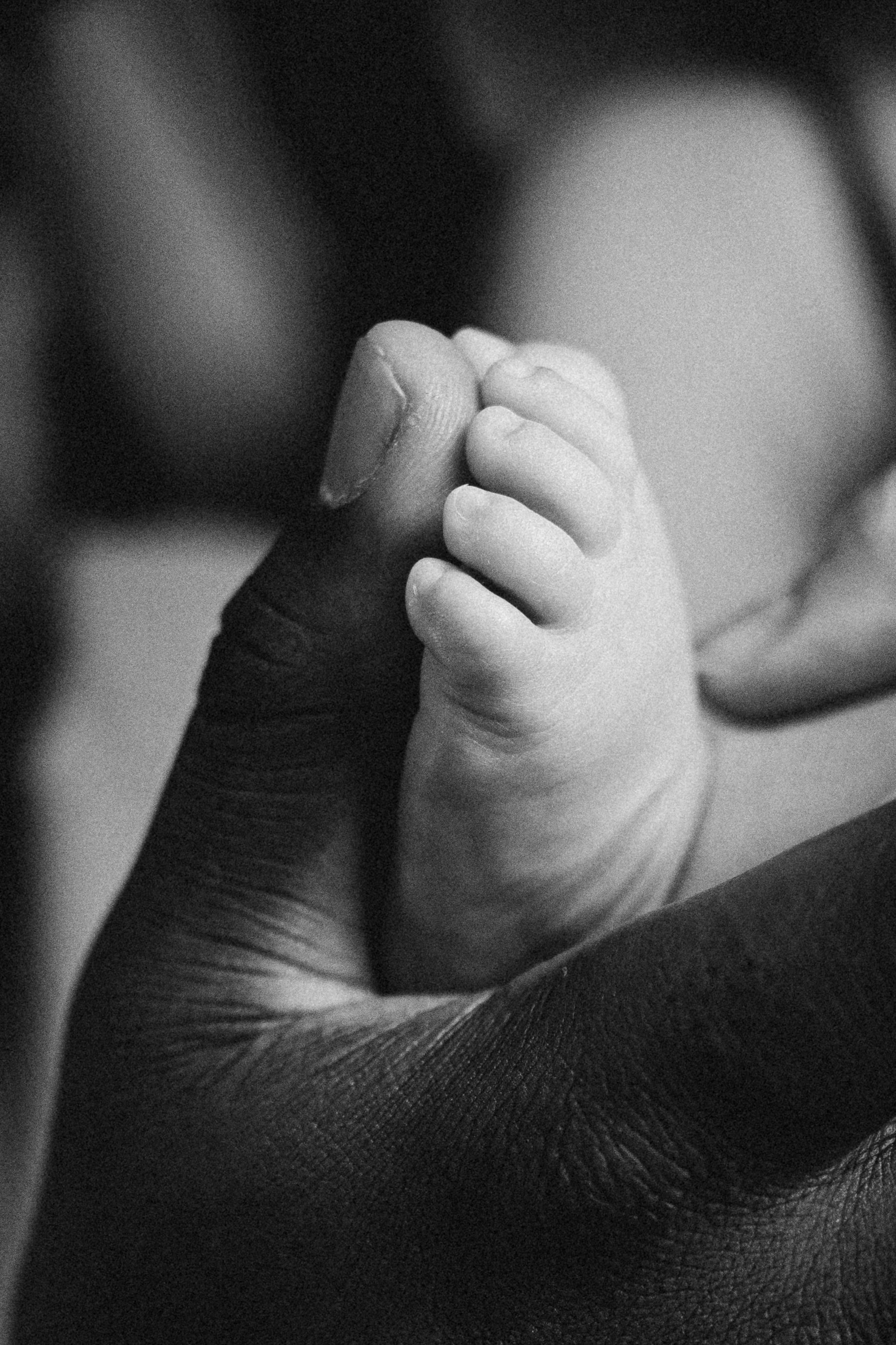 A dad's thumb pressing gently against his new born foot during a photo session in Kent