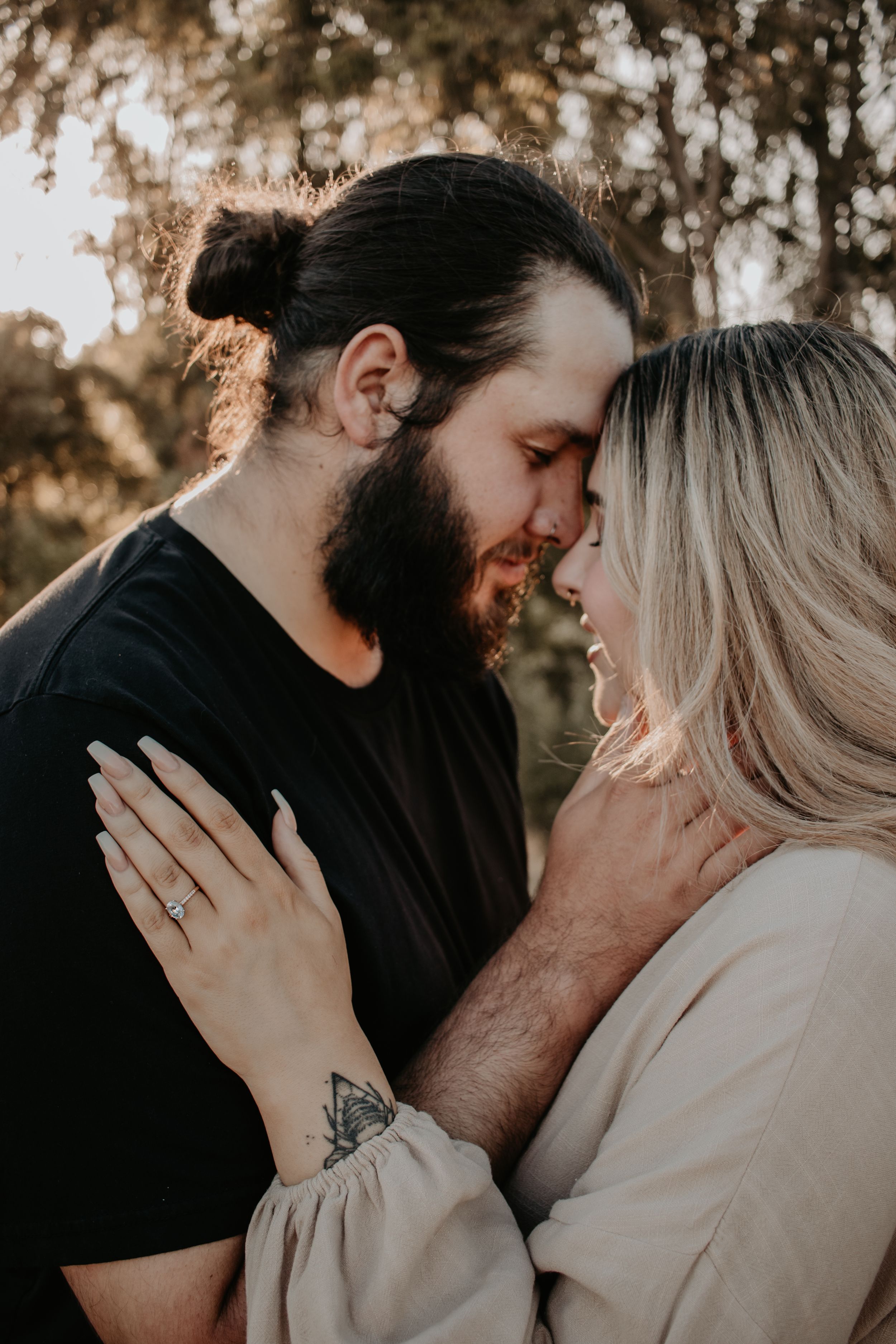Close up of a couple touching foreheads together.