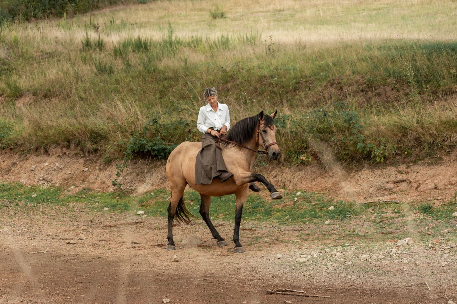 Photo d'une femme et un cheval espagnol
