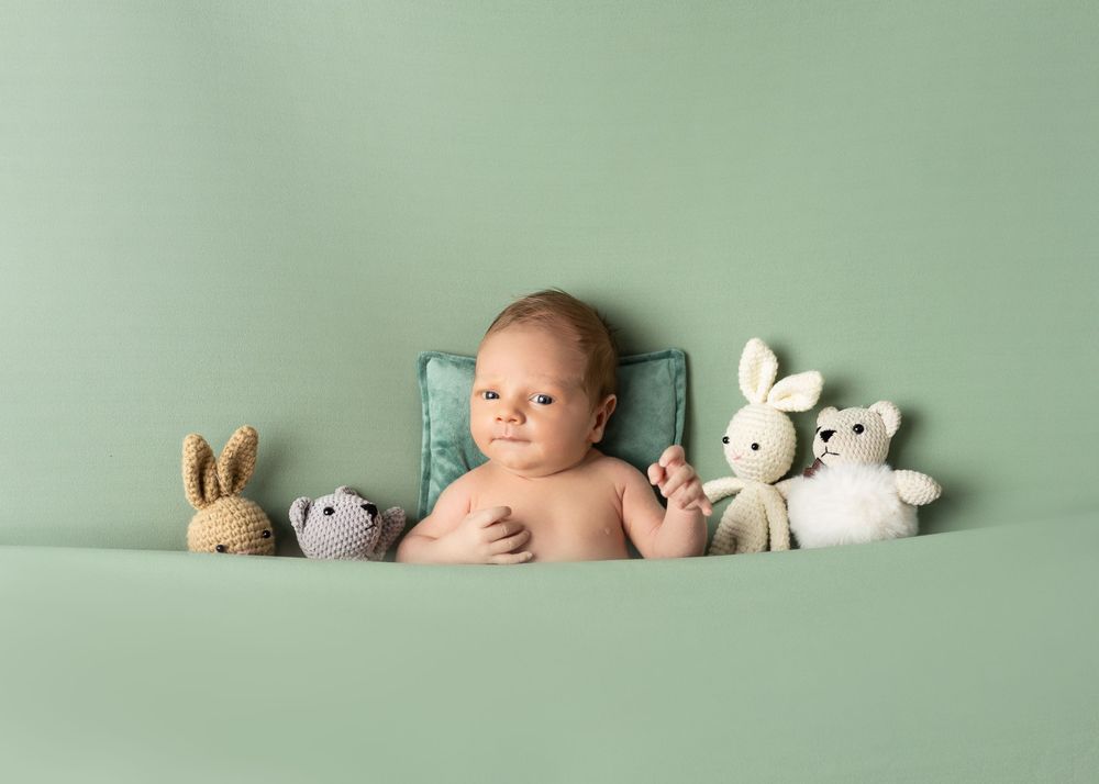Baby posed with stuffed animal toys against mint green backdrop during professional photo shoot.