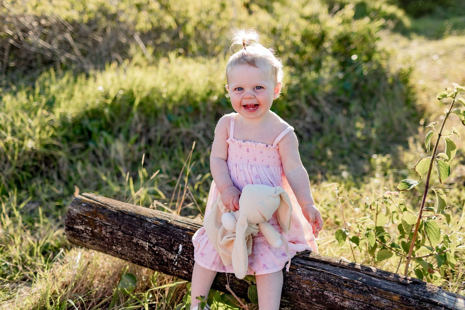 Young child in pink dress sits happily on wooden log in sunny meadow.