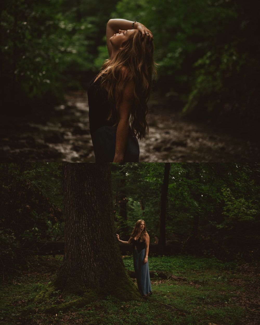 A figure in jeans poses artistically against a tree trunk in a moody forest setting at dusk.
