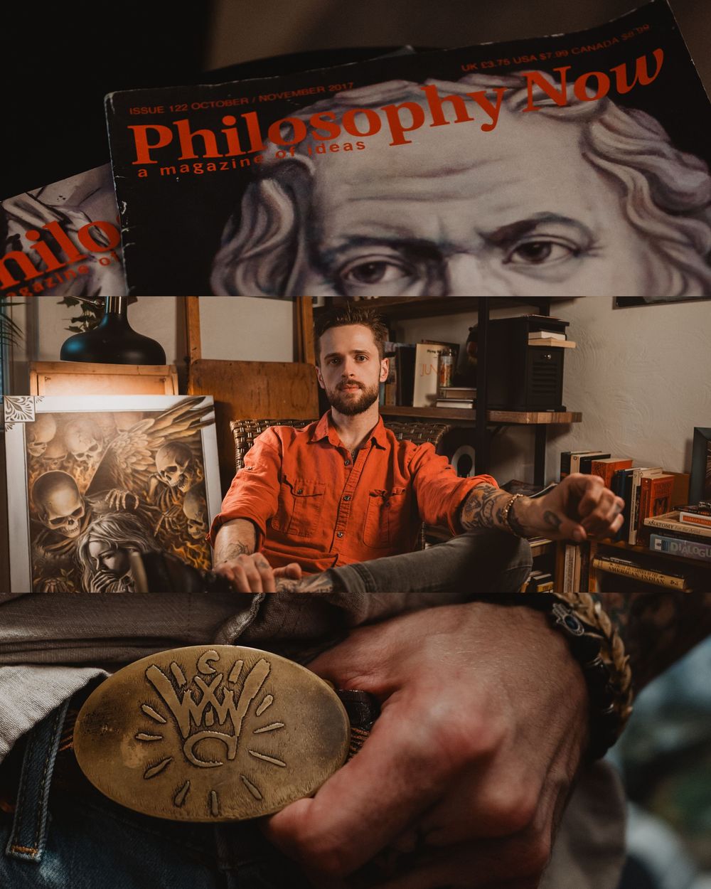 A craftsman in an orange shirt works at a workshop table with artistic tools and a Philosophy Now magazine visible.