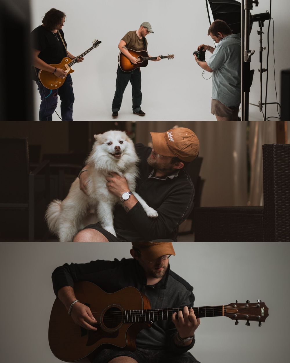 A guitarist plays an acoustic instrument while multiple images of the same performance are shown in a collage.