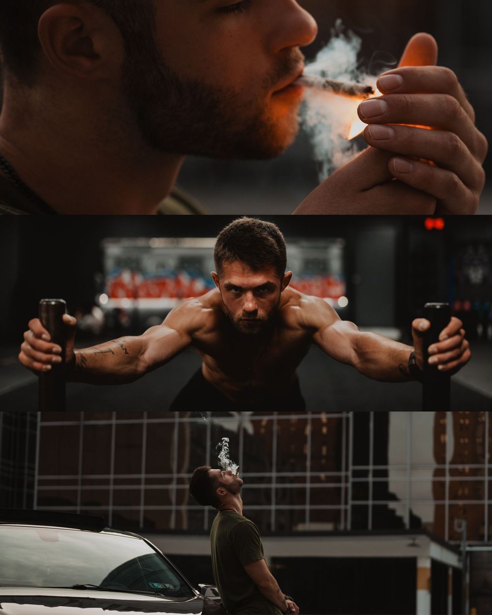 A person exhales smoke in dramatic lighting while using a vaporizer against a dark background and bokeh effect.