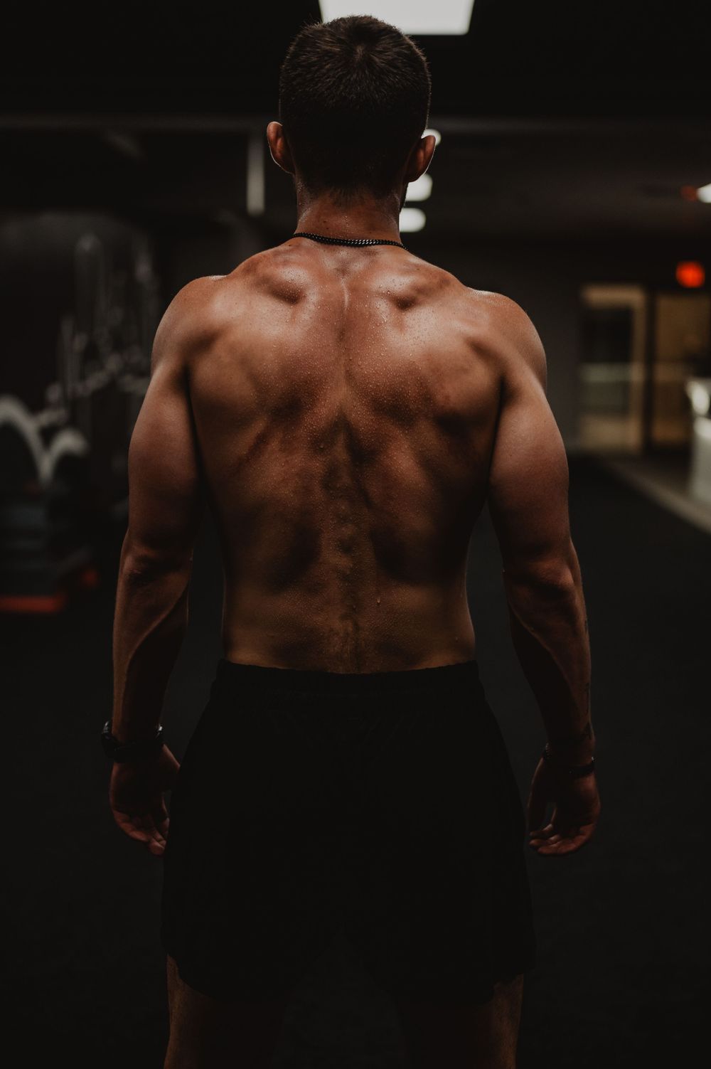 A series of photos showing muscular back muscles in dark lighting at a gym during a workout session.