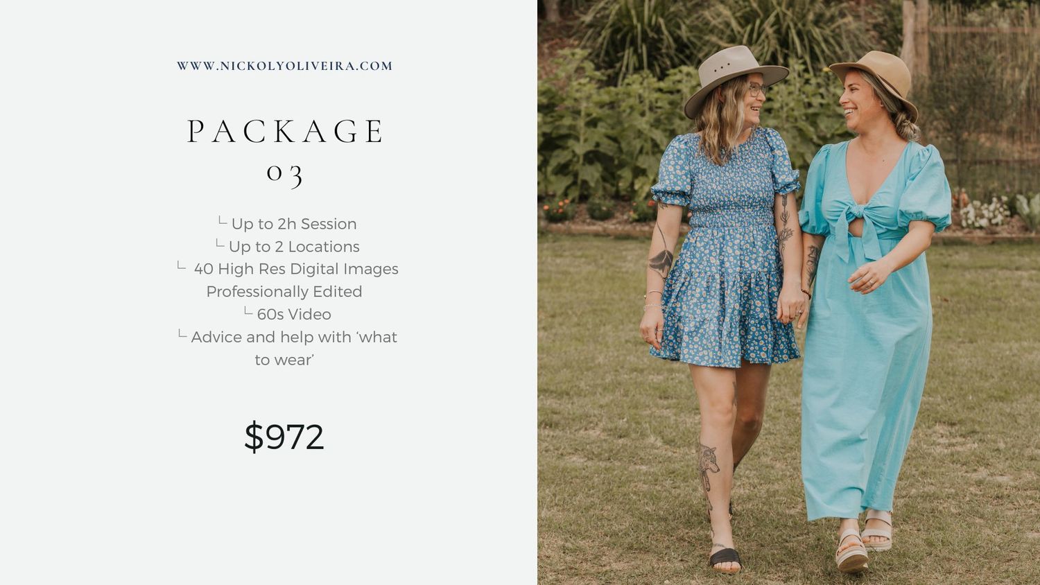 Photography pricing package template showing two people in summer dresses.