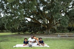 Family enjoying a picnic together on a blanket under a majestic oak tree with Spanish moss in a peaceful park setting.