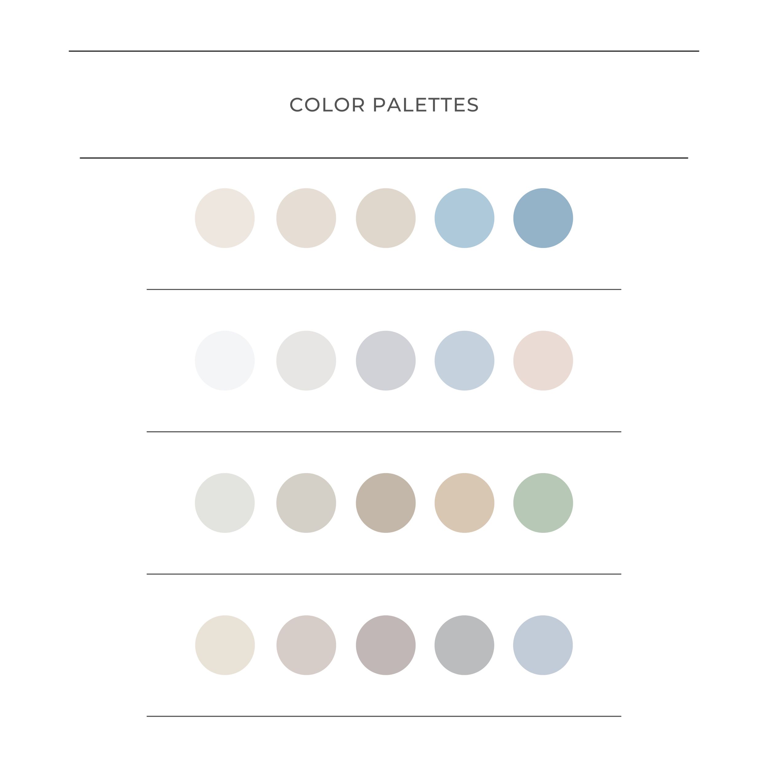 Five rows of muted color palettes featuring soft neutrals, blues, and greens in circular swatches arranged horizontally.