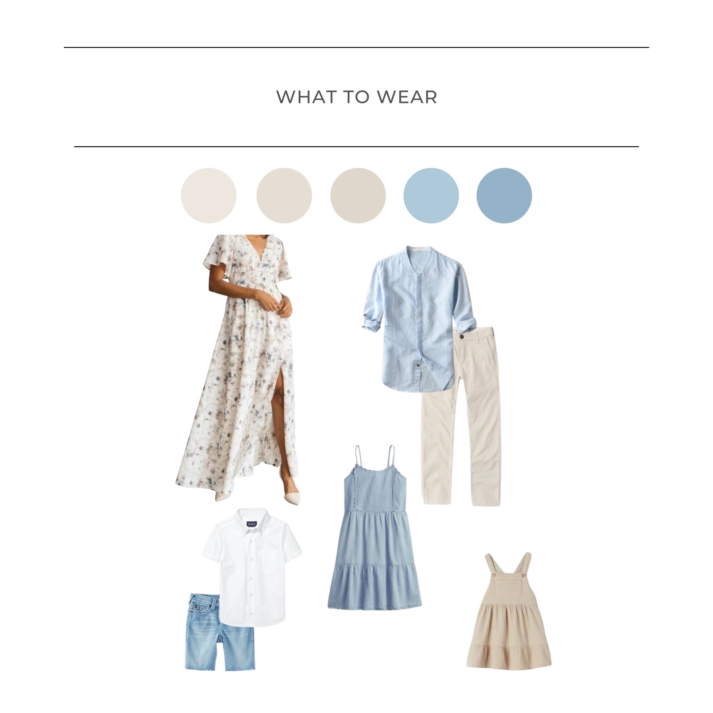 Neutral fashion mood board featuring floral maxi dress, chambray shirt, casual shorts, and beige sundresses in blue tones.