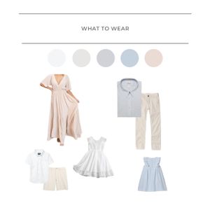 Fashion outfit collection featuring pastel color palette with coordinated dresses, shirts, pants and shorts in white, blue and beige tones.
