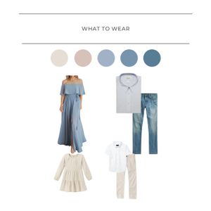 Family coordinated outfit ideas with light blue and denim color palette showing casual dresses and classic separates.