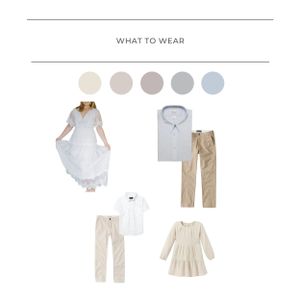 Coordinated outfit layout featuring a white lace dress, blue dress shirt, khaki pants, white top and beige ensemble.