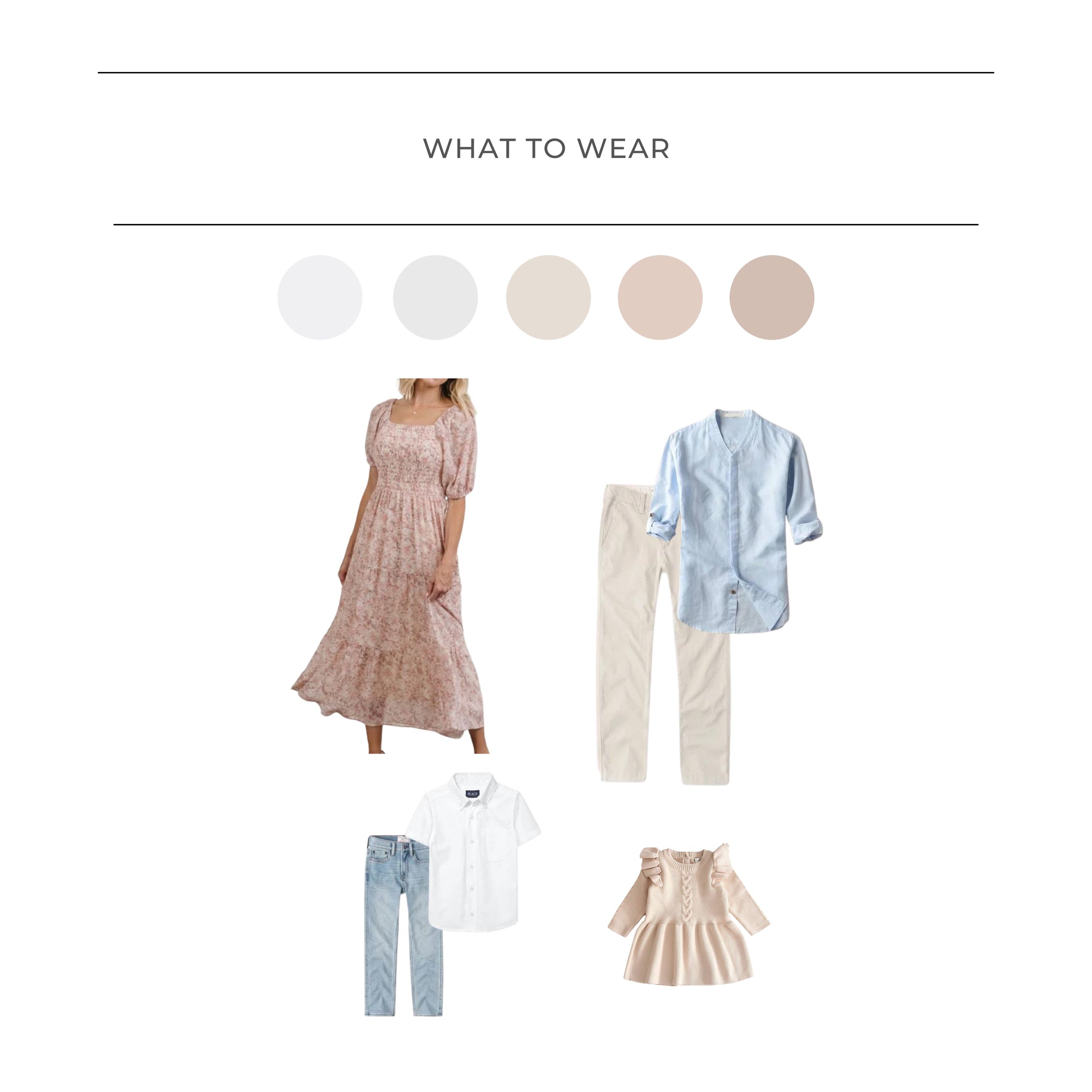 Fashion outfit layout with floral maxi dress, chambray shirt, white and blue jeans, and beige ruffle top against white background.