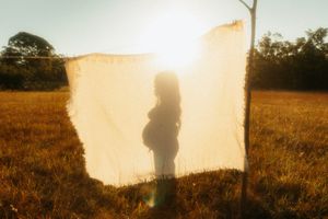 A silhouette visible through translucent fabric hanging in a golden field at sunset.
