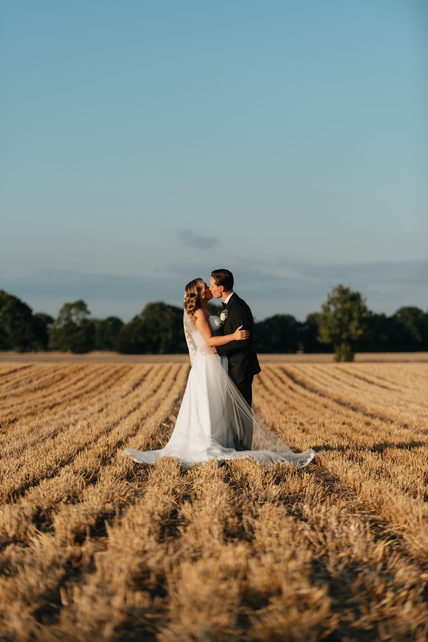 A wedding couple embraces in a golden wheat field at sunset with trees and blue sky in the background.