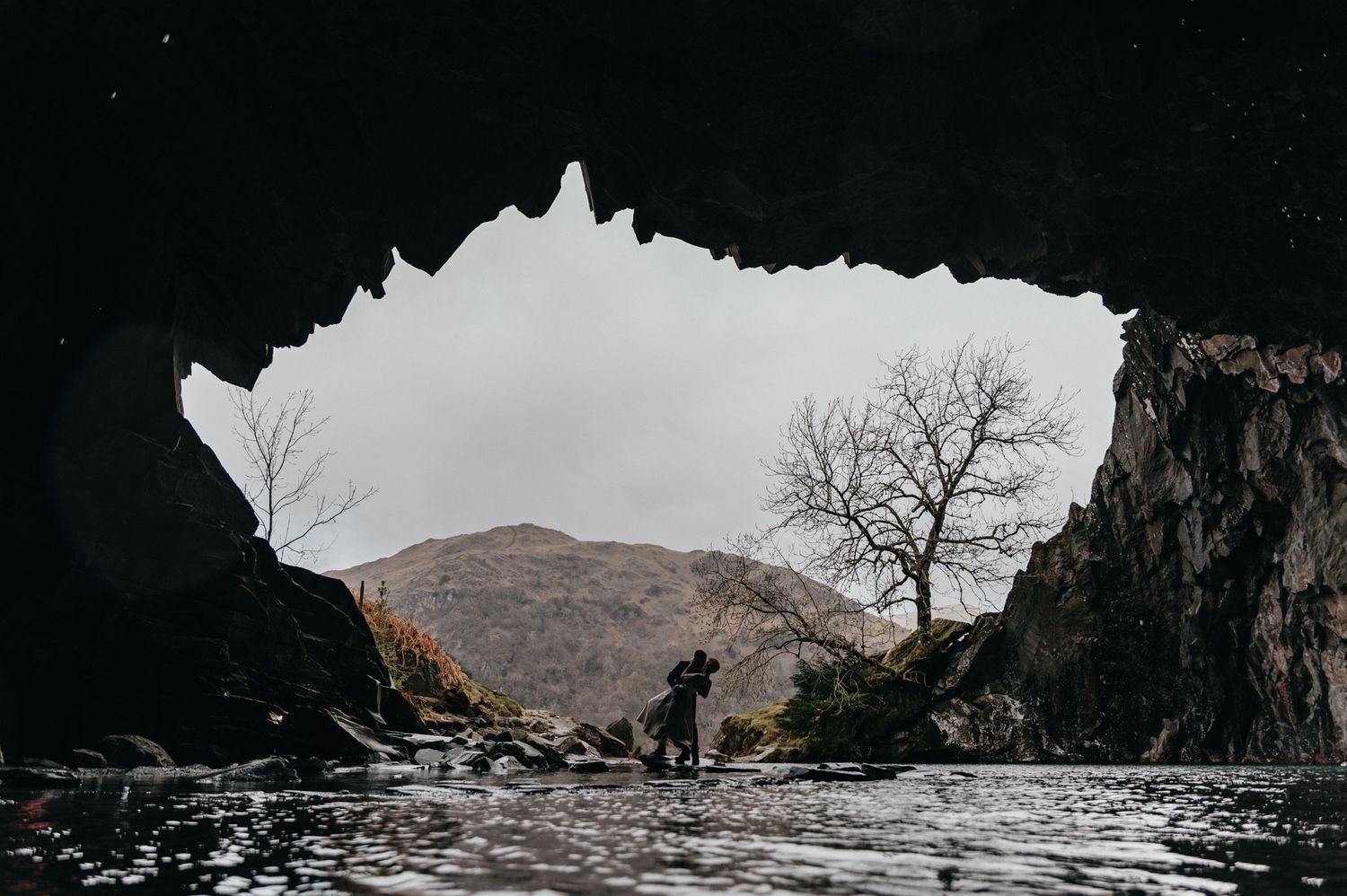 Silhouette of a person inside a dark cave opening overlooking a misty mountain landscape with a bare tree.