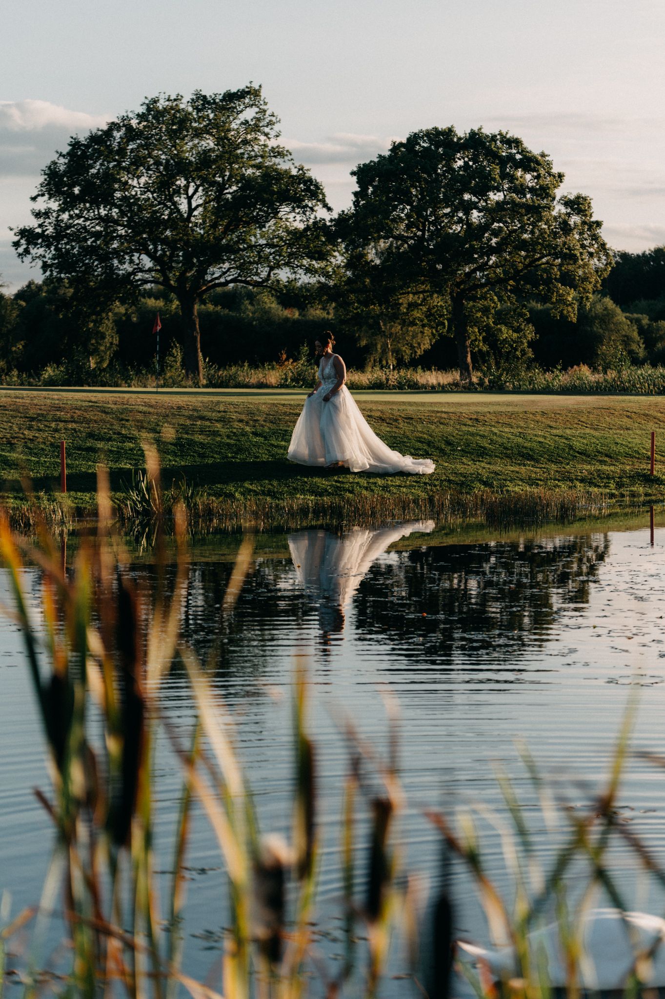 A couple in wedding attire stands by a serene pond at sunset with tall reeds in the foreground.