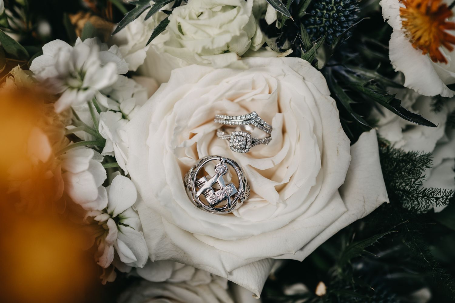 Close-up of delicate white roses and wedding rings with artistic lighting.