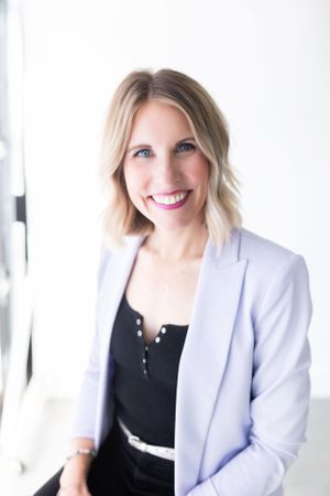 Professional portraits showing person in light blazer against white background.