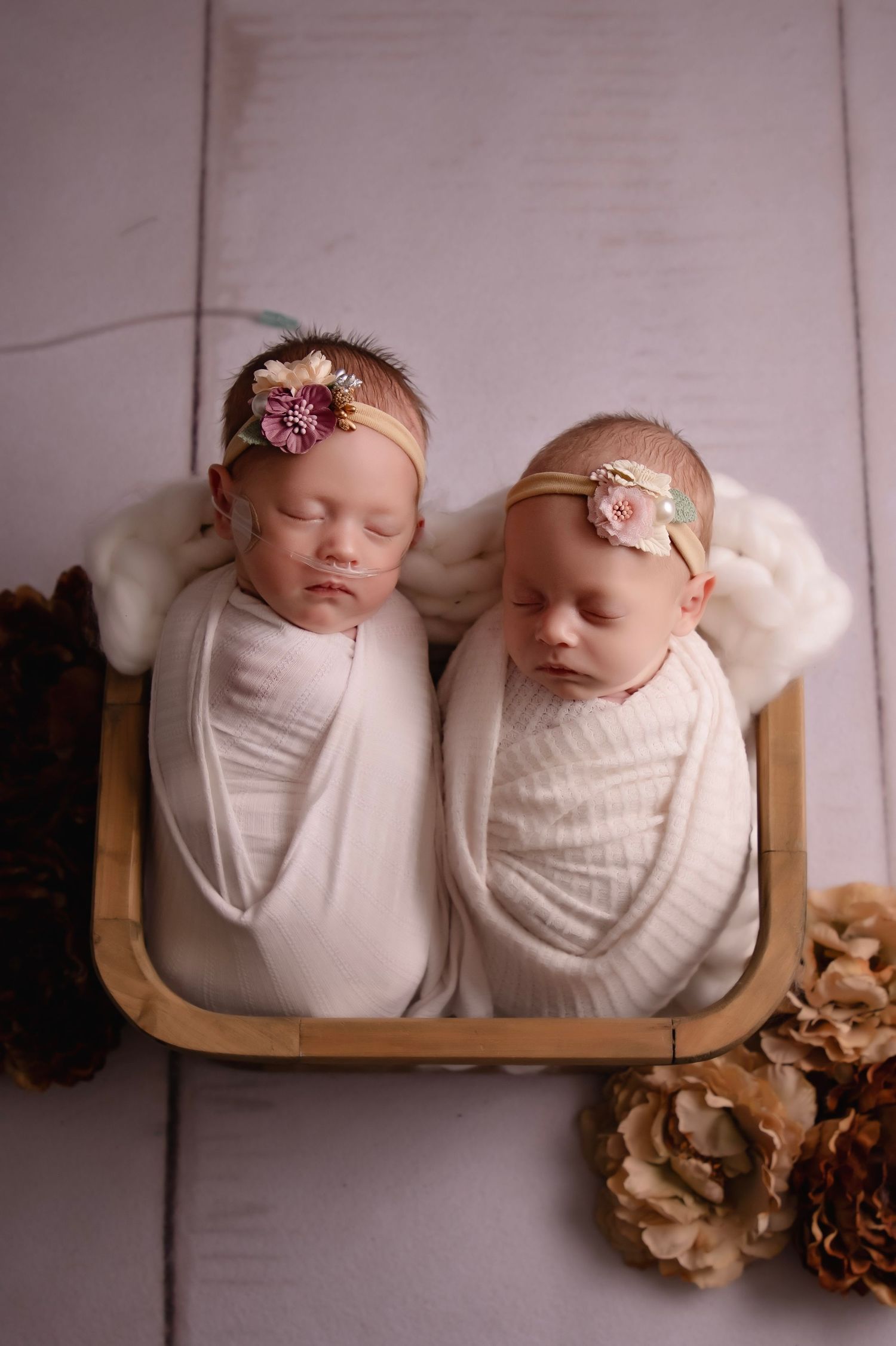 Twin newborns swaddled in white wraps sleep side by side in vintage wooden frame.