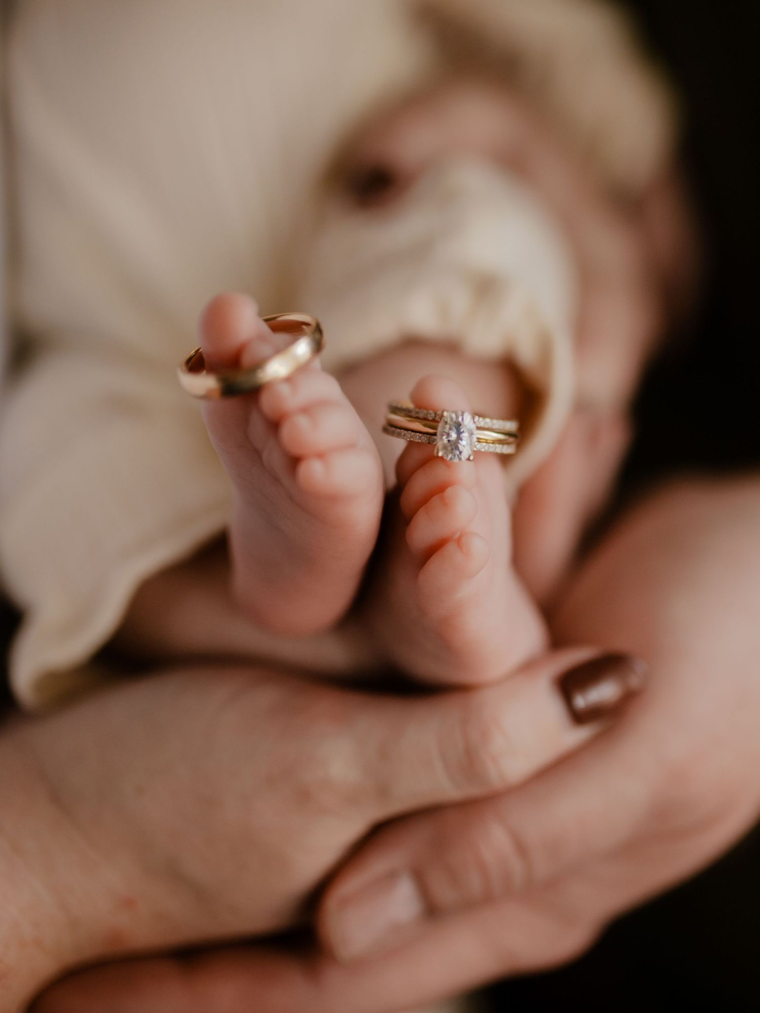 Close-up detail shots of engagement rings and hands in warm natural lighting.