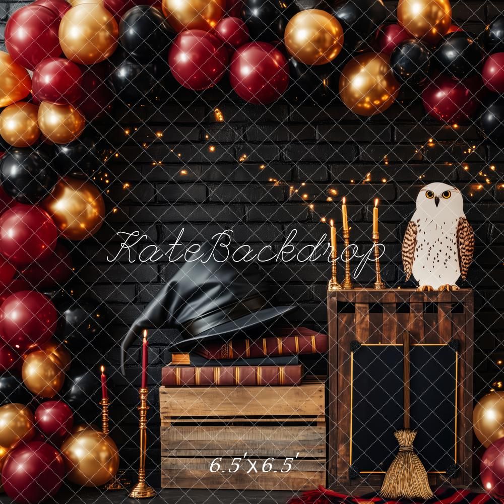 Magical Harry Potter themed backdrop with red and gold balloons, stacked vintage books, a snowy owl, and a witch's broom.