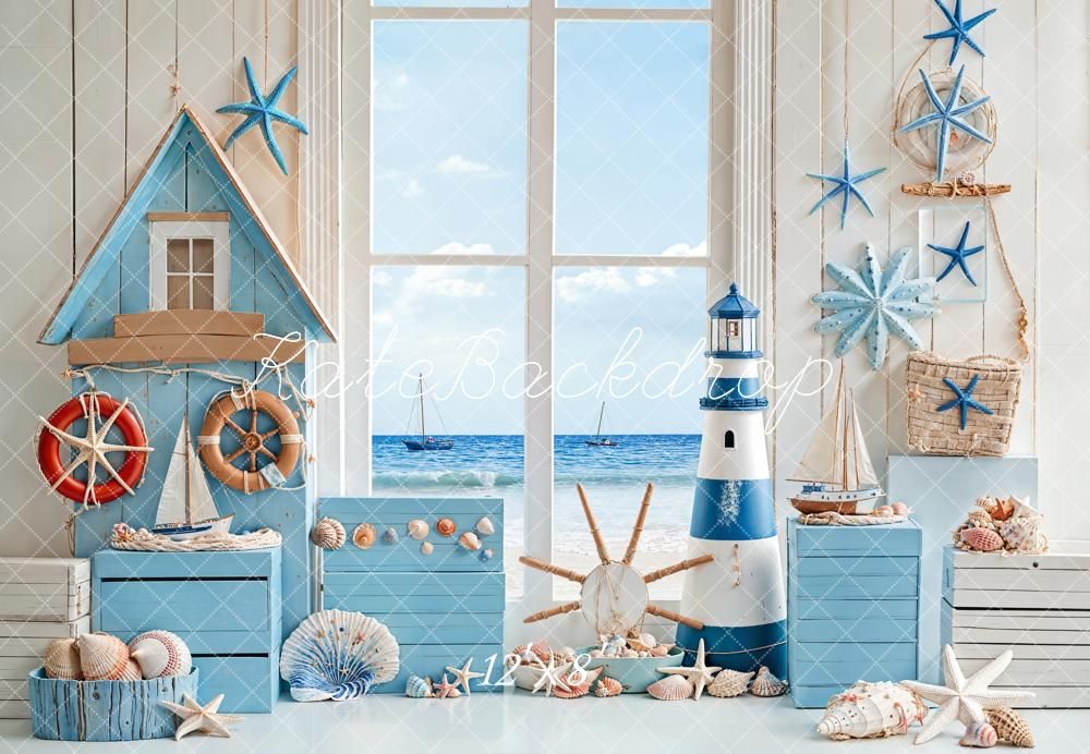 Coastal themed room decor with blue dressers, lighthouse, starfish, and nautical elements against a window view of the ocean.